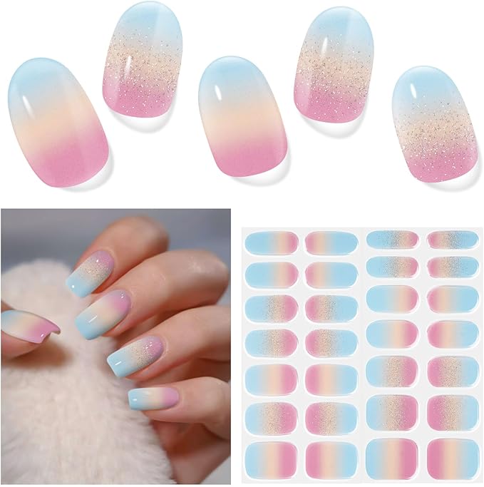 Semi Cured Gel Nails Strips - 28 pcs UV Gel Nail Stickers for Women Work with Any UV Lamp, Long Lasting Nail Wraps for Home DIY Nails Art