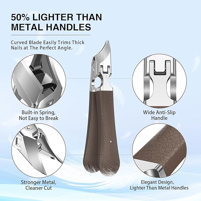 Eagle Beak Slanted Nail Clippers for Thick & Ingrown Toenails, Wide Jaw Opening Anti-Splash Angled Toenail Cutter with Curved Blade, Cuticle Clippers for Seniors, 3-Piece Set with Case