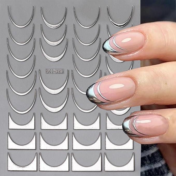 French Line Nail Art Stickers Decals, 4Pcs Gold Silver French Nail Decals 3D Metal Curve Stripe Wave Lines Nail Design French Nail Supplies for Nails Adhesive Sticker Slider DIY Manicure Accessories