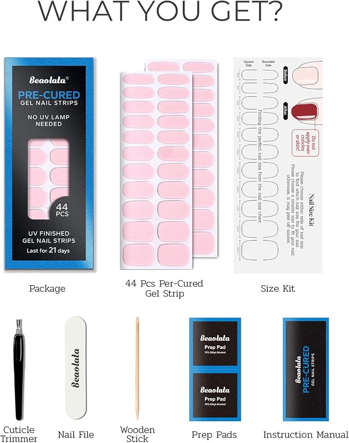 Pre Cured Gel Nail Strips - 44PCS Salon Quality Gel Nail Stickers - Long Lasting Polish Wraps for Women no UV Light Needed Easy Apply& Remove (Nordic Pink）