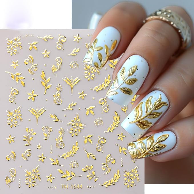 Gold Flower Nail Art Stickers 3D Self Adhesive Nail Stickers Metal Nail Decals with Bronzing Floral Leaf Design Cute Nail Sticker for Nails Art Decoration Salon Manicure Supplies for Women 6 Sheets