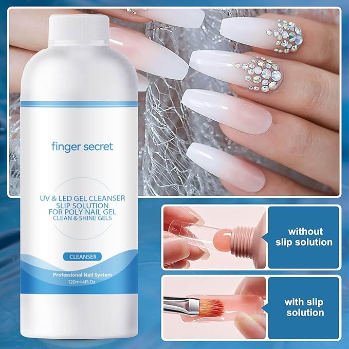 2 PCS Finger Secret Slip Solution For Poly Nail Gel 4oz With Dual-Ended Brush Poly Gel Nail Kit Professional Gel Cleanser for UV & LED Gels.Ideal for Nails DIY Beginners