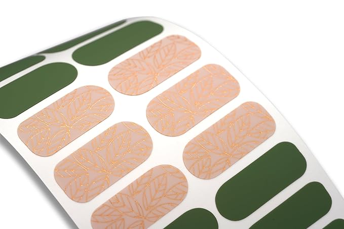 | 20 Exquisite Gel Nail Polish Strips w/Application Accessories - No UV/LED Lamp Required (Gold Foil Leaves & Green)