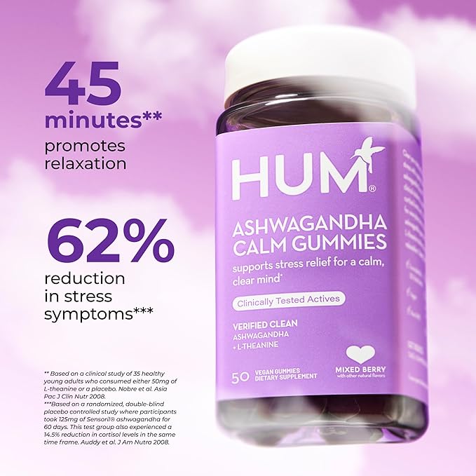 HUM Calm Ashwagandha Gummies for Women and Men, L-Theanine Ashwagandha Supplements for Daily Relaxation & Clarity Support, Vegan Fast Acting Gummy Formula, Mixed Berry Flavor, 60 Gummies