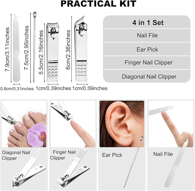 50 Sets Finger Nail Clipper Set Bulk,4 in 1 Black Adult Stainless Steel Travel Manicure Kit with Case Individually Wrapped Nail Clippers Bulk for Homeless,Hotel,Charity