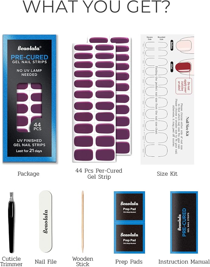 Pre Cured Gel Nail Strips - 44PCS Salon Quality Gel Nail Stickers - Long Lasting Polish Wraps for Women no UV Light Needed Easy Apply& Remove (Fudge Purple）
