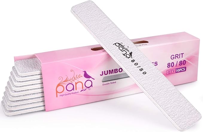 10pcs - PANA Jumbo Double-Sided Emery Nail File for Manicure, Pedicure, Natural, and Acrylic Nails - Zebra (Grit 80/80)