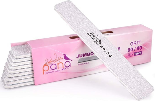 10pcs - PANA Jumbo Double-Sided Emery Nail File for Manicure, Pedicure, Natural, and Acrylic Nails - Zebra (Grit 80/80)