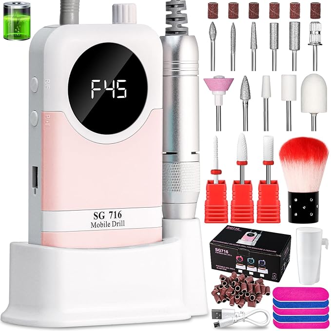 LIMEGIRL Professional Electric Nail Drill Kit 45000RPM Portable Cordless Toenail Cordless Toenail Machine with 14 Drill Bits and Base for Women (Pink)