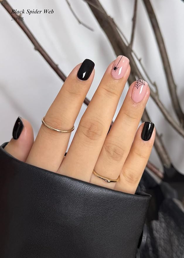 Semi Cured Gel Nail Strips (Black Spider Web), Halloween, 20 Pcs Gel Nail Wraps, Stickers, Salon Quality, Long Lasting, Works with Any Lamps
