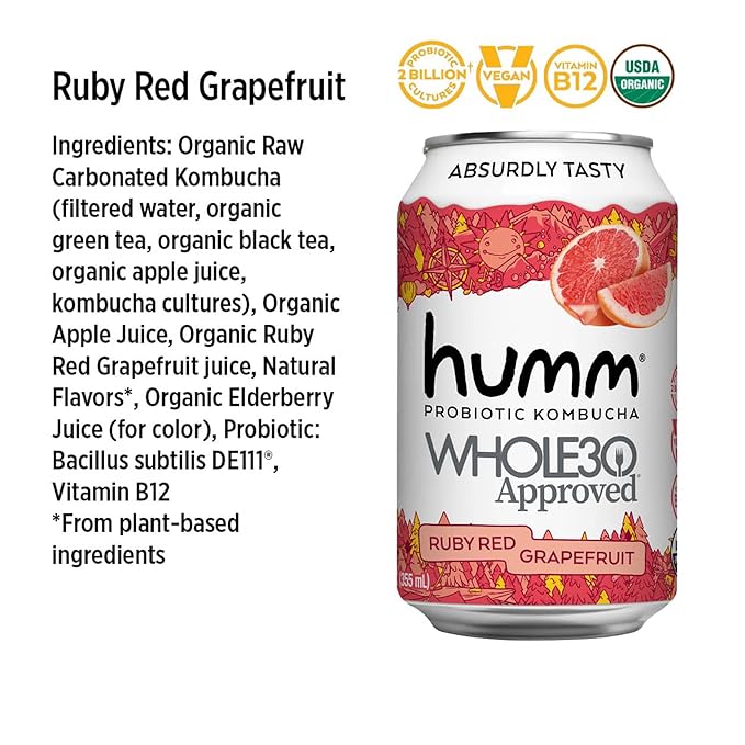 Humm Whole30 Approved Kombucha, Ruby Red Grapefruit, Organic, Vegan & GMO Free (12 Pack)