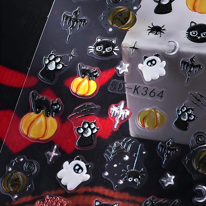 Halloween Nail Art Stickers Black Cat 5D Self-Adhesive Nail Stickers Cute Ghost Nail Decals Pumpkin Nail Art Spider Web Nail Decals Decoration Accessories for Women and Girls 2 Sheets