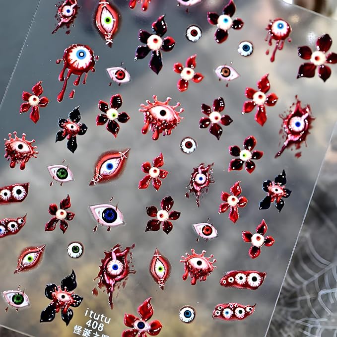 Halloween Nail Stickers Flower Nail Sticker for Nail Art 5D Self-Adhesive Evil Eye Nail Decals Red Nail Art Supplies Accessories Decoration for Women and Girls