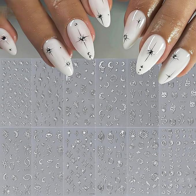 12 Sheets Silver Nail Art Stickers Decals Star Moon Nails Stickers for Nail Art Self-Adhesive Snake Nails Decal