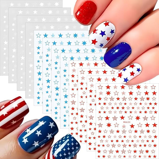 12 Sheets Star Nail Stickers Blue Red White Nail Decals Independence Day with Design Nail Decals for Nail Art 3D Self-Adhesive Nail Decoration for Women 4th of July Acrylic Nails Supplies