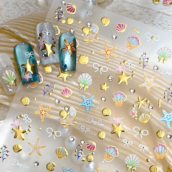 1Sheet 5D Embossed Gold Seashell Starfish Nail Art Stickers Self-Adhesive Bronzing Shell Starfish Nail Decals with Pearl Rhinestone Design Nail Sticker Summer Ocean Nails Supply for Women Nails Decor