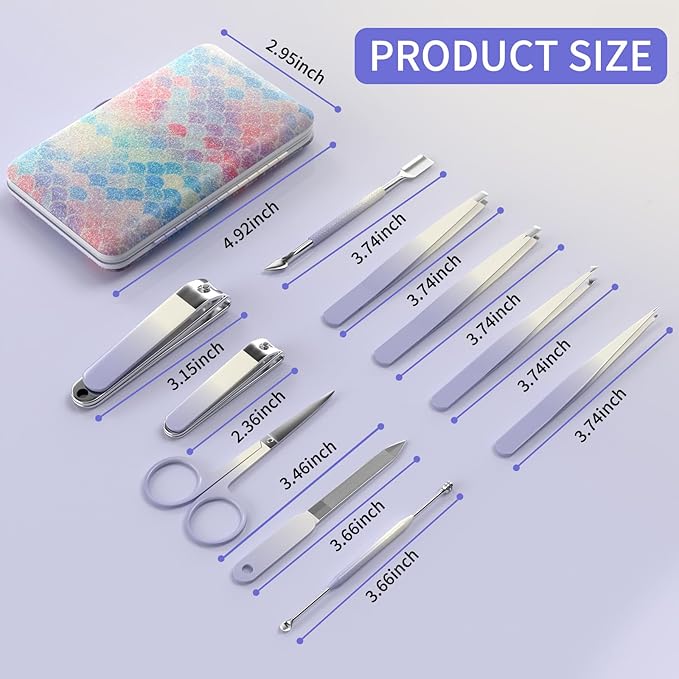 Manicure Set 10 in 1 Stainless Steel Nail Clippers Scissors Tweezers Grooming Kit with Travel Case (Purple)
