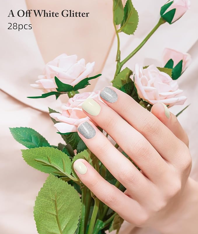 Semi Cured Gel Nail Strips, 28 pcs UV Gel Nail Stickers Full Nails Wraps for Women Home DIY Nails Art, UV Light Required(Creamy White Glitter)