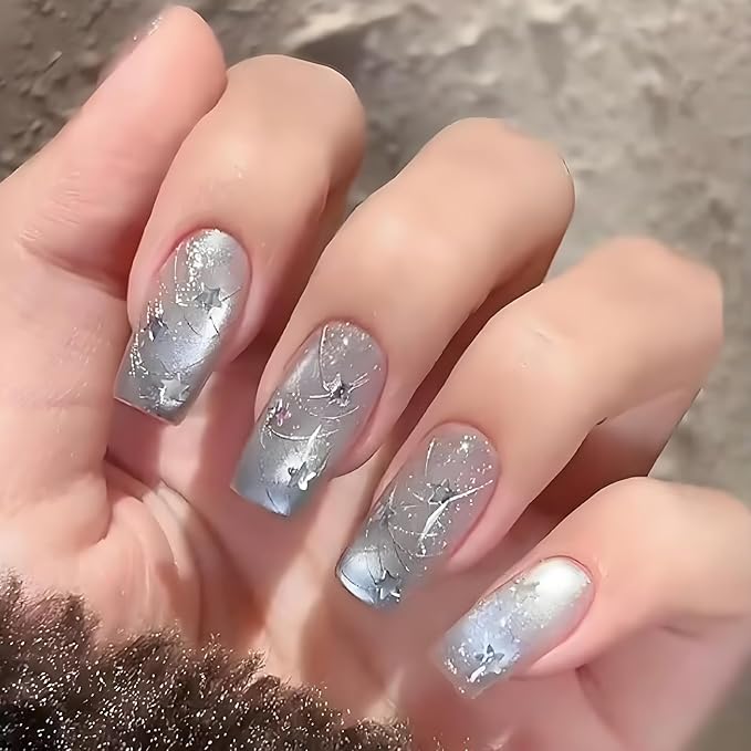 Star Nail Art Stickers Sliver Star Chain Nail Decals Self-Adhesive Laser Nail Stickers Shiny Chain Stars Manicure Supplies Cute French Nail Art Accessories for Women Acrylic Nails Decorations 1Pc