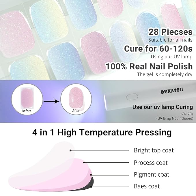 Semi Cured Gel Nail Strips, Mermaid | 28 pcs Gel Nail Strips Work with Any UV Lamp, Salon Quality UV Nails Stickers, Easy to Apply for Home Nails DIY