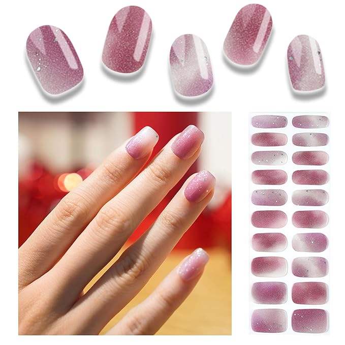 Semi Cured Gel Nail Strips, 20pcs Real Nail Polish Art Stickers, Purple Cloud Gel Nail Stickers - Work with Any UV Lamp, Long Lasting Full Wraps with Nails File and Stick