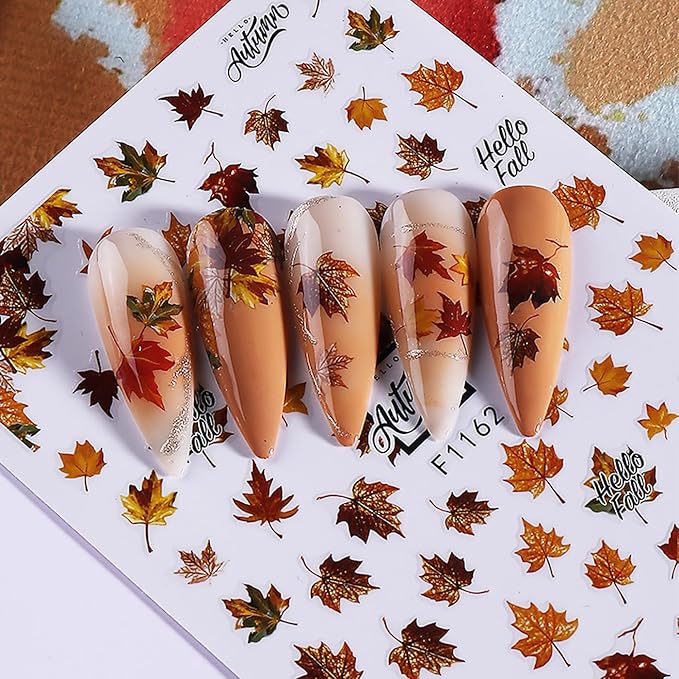 Fall Maple Leaves Nail Art Stickers for Thanksgiving, Maple Leaves Nail Decals 3D Self-Adhesive with Deer Pumpkin Flower Mushroom Design 6Pcs Nail Art Supplies for Women Nail Decoration