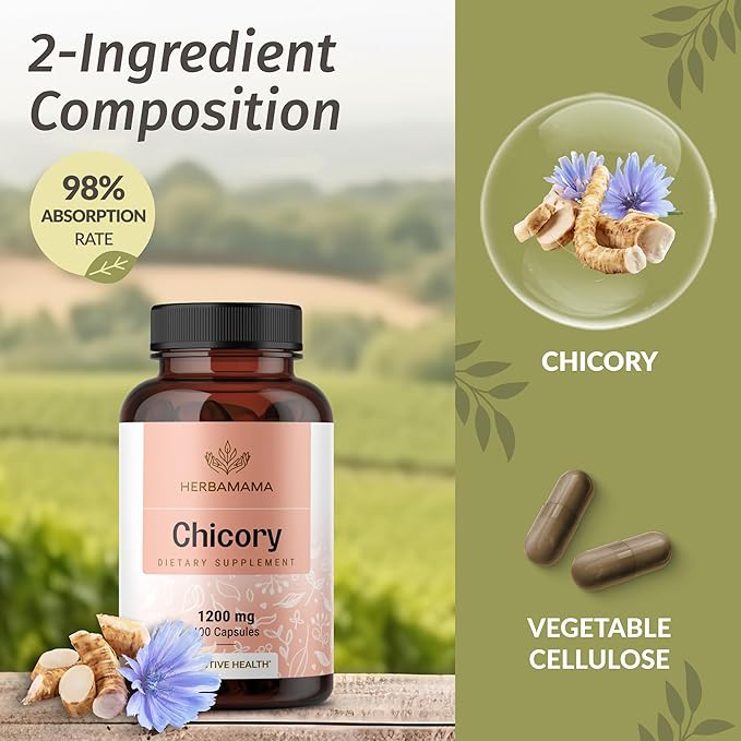 HERBAMAMA Chicory Root Fiber Capsules - 1200mg Chicory Root Powder for Gut Cleanse & Digestive Support - Vegan, Non-GMO Inulin Prebiotic Fiber Supplement