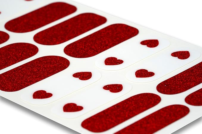 | 20 Exquisite Gel Nail Polish Strips w/Application Accessories - No UV/LED Lamp Required (Hearts & Red Glitter)
