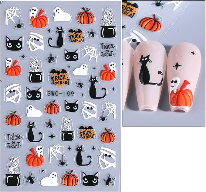 4 Sheets Halloween Nail Art Stickers Ghost Nail Art Stickers 5D Self-Adhesive Spider Nail Decals with Flower Design Pumpkin Black Cat Nails Art Spider Web Nail Supplies for Women