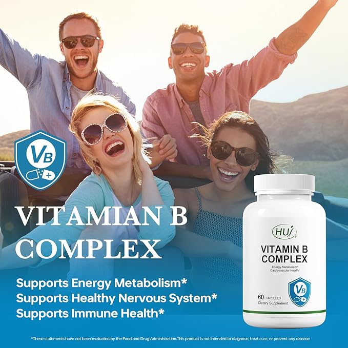 HUJ Vitamin B Complex - B Vitamins Supplement to Support Energy Metabolism, Cardiovascular Health - 60 Capsules