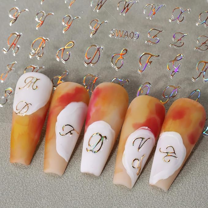 Letter Nail Art Stickers, Old English Letter Nail Art Decals 3D Self-Adhesive Gold Silver Black White Retro English Pattern Nail Design 6Pcs Nail Art Supplies for Women Nail Decoration