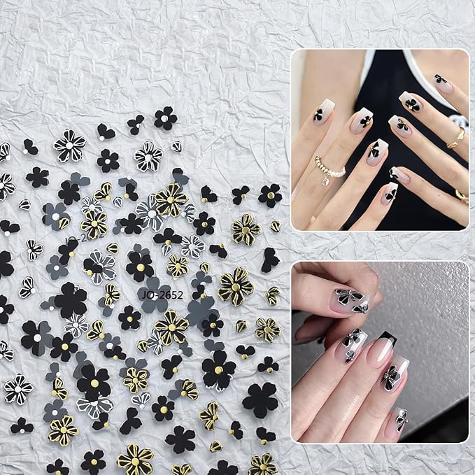 Flowers Nail Art Stickers - Black, Gold, Silver, White 3D Self-Adhesive Decals for Acrylic DIY Nail Decorations - Fall Flower Charms for Women - 6 Pcs
