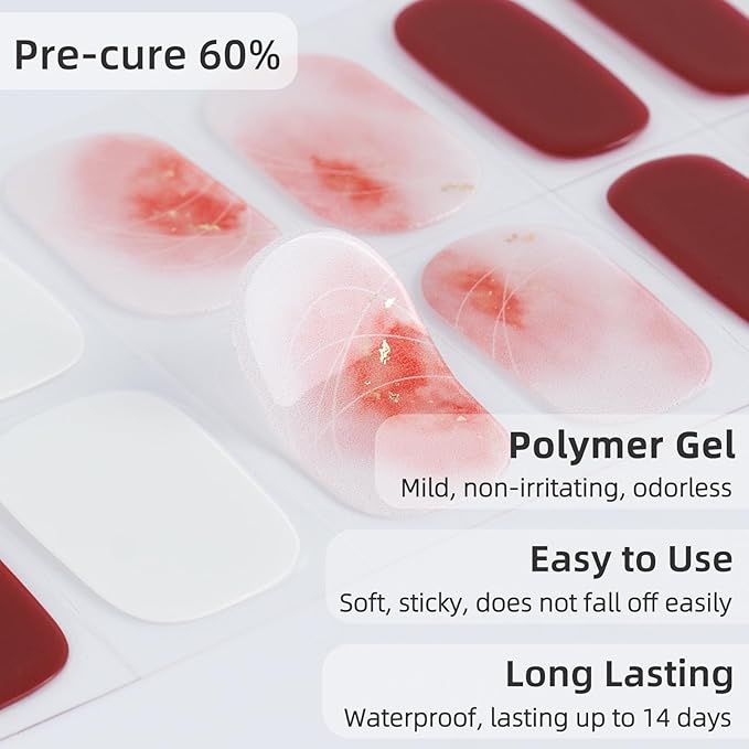 Semi Cured Gel Nail Strips | 28 PCS Gel Nail Stickers Work with Any UV Lamps, Long Lasting Nails Wraps for Women Home DIY Nails Art (Red Grapefruit)
