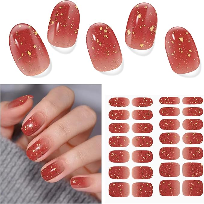 Semi Cured Gel Nail Strips, 28 pcs Gel Nails Stickers for Women Work with Any UV Lamp, Long Lasting Nail Wraps for Home DIY Nails (Gold Shard)