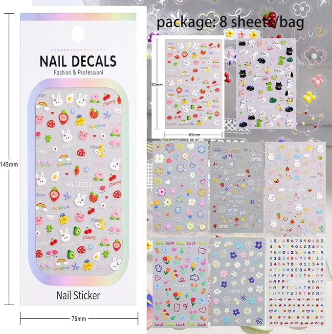 8 Sheets Kids Nail Stickers for Nail Art, 5D Embossed Self-Adhesive Flower Rainbow Dog Fruits Cherry Nail Decals, Cute Nail Supplies Designs Accessories for Women Girls Toddler Manicure DIY Decoration