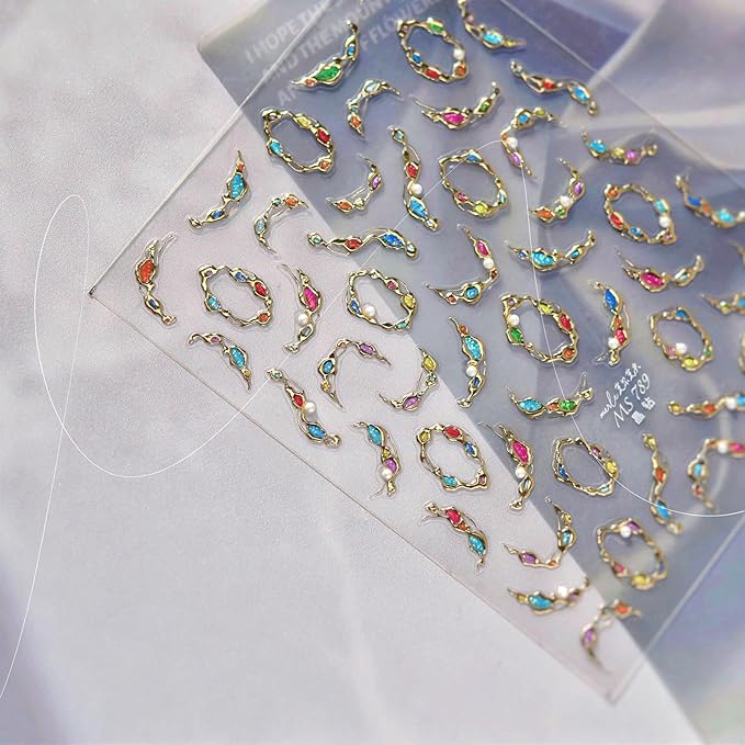 1 Sheet Gold Gemstone Necklace Nail Art Stickers 5D Embossed Pearls Gems Nail Decals with Gilded Designs Nail Sticker Self-Adhesive Colorful Rhinestone Nail Decal for Women Nails Decoration Supplies