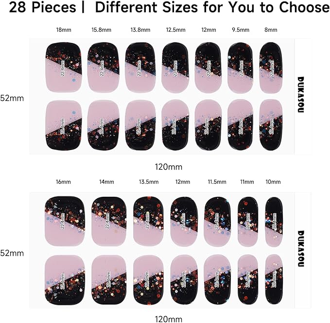 Semi Cured Gel Nail Strips | 28 pcs Black French Gel Nail Stickers Work with Any UV Lamps, Long Lasting Nails Wraps for Women DIY Nails Art