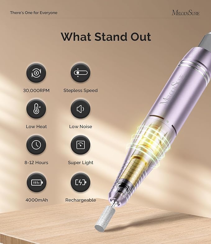MelodySusie Professional Rechargeable Nail Drill 30000 RPM, Electric Nail File for Shaping, Removing & Polishing Gel Nails, Lightweight & Easy to Use, Ideal for Home & Salon Manicure Pedicure, SC300F
