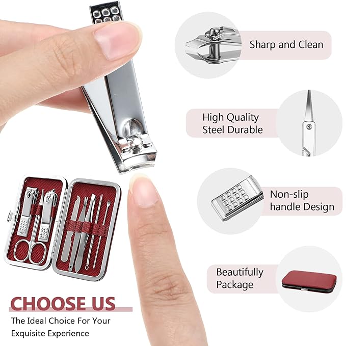 Lasnten 24 Set Christmas Manicure Set Bulk Nail Clippers Grooming Nail Kit Stainless Steel Professional Pedicure Kit Pedicure Tools with Travel Case Gifts for Xmas Men Women(8 in 1,Red, Silver)