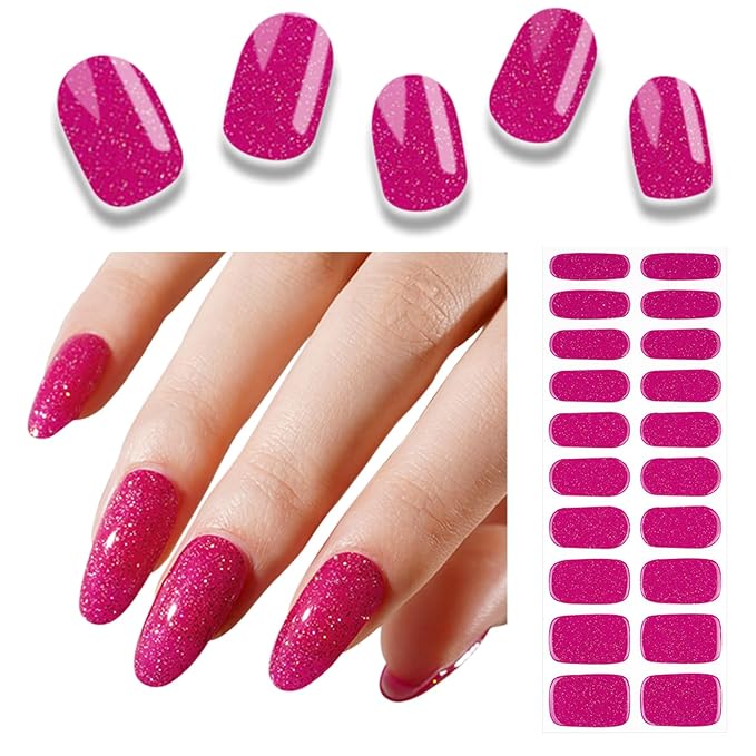 Semi Cured Gel Nail Strips, 20pcs Sparkling Berry Pink Gel Nail Stickers - Works with Any UV Lamps, Long Lasting Full Wraps, Easy to Apply and Remove