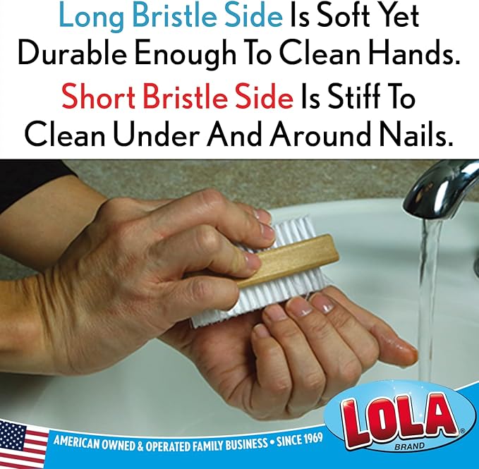 LOLA Classic Hand & Nail Wood Brush, 12 Pack, Heavy Duty 2 Sided Soft & Stiff Bristles, Cleans Hands, Fingernails, Feet & Toenails