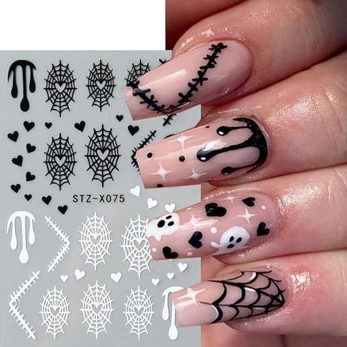 Halloween Nail Stickers 3D Self Adhesive Nail Art Stickers Ghost Nail Decals Spider Web French Tips Heart Flame Black White Design Spider Nails Sticker for Nails Art for Women DIY Manicure 6 Sheets