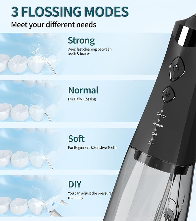 Water Dental Flosser Cordless for Teeth, 350ML Water Dental Flosser Teeth Pick 4 Modes Portable Oral Irrigator with 4 Jet Tips Rechargeable Flossers Oral Irrigator IPX7 Waterproof for Home Travel