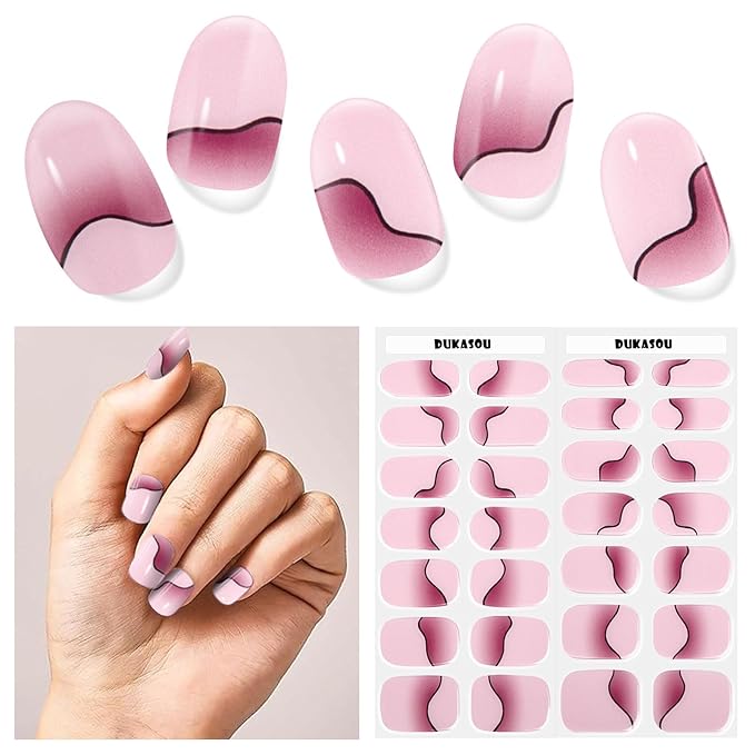 Semi Cured Gel Nail Strips, 28 pcs Gel Nail Stickers Work with Any UV Lights, Long-Lasting Nail Wraps, Stick on Nails for women Easy to Apply & Remove