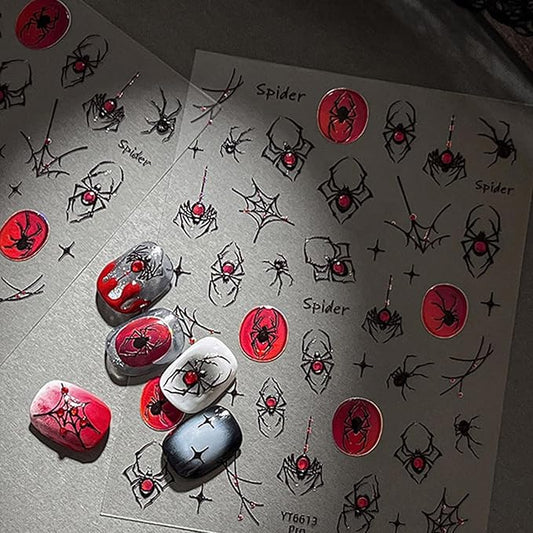 1Sheet Halloween Spider Nail Stickers for Nail Art Spider Web Nail Art Stickers 5D Embossed Halloween Nail Decals with Crystal Red Spider Web Nail Designs Manicure Decor for Women Manicure Supplies