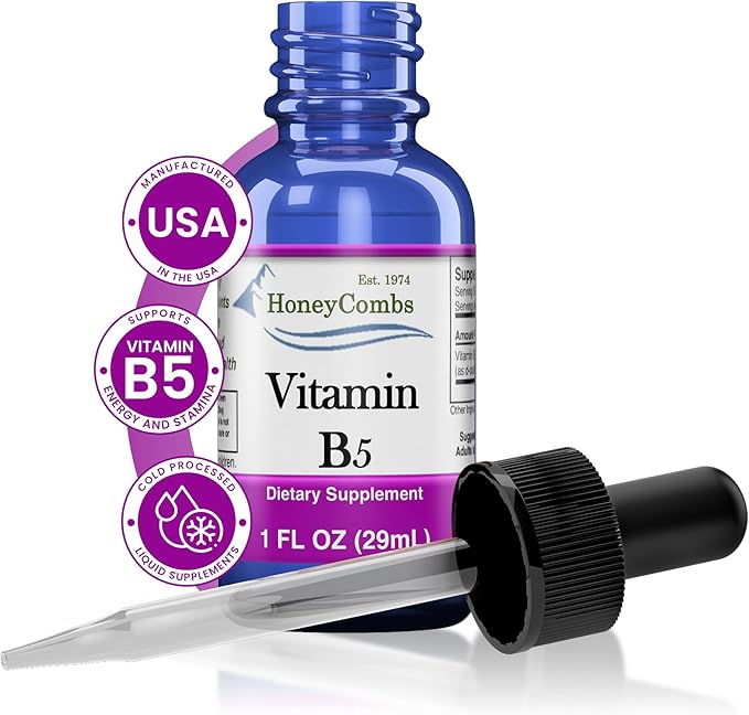 HoneyCombs Vitamin B5 Pantothenic Acid Supplement Liquid Drops - High Potency Vitamin B5 for Men & Women - Maintain Healthy Hormones, Immune System, Hair, Skin, Nails - Vegan Liquid Vitamins (1 Fl oz)