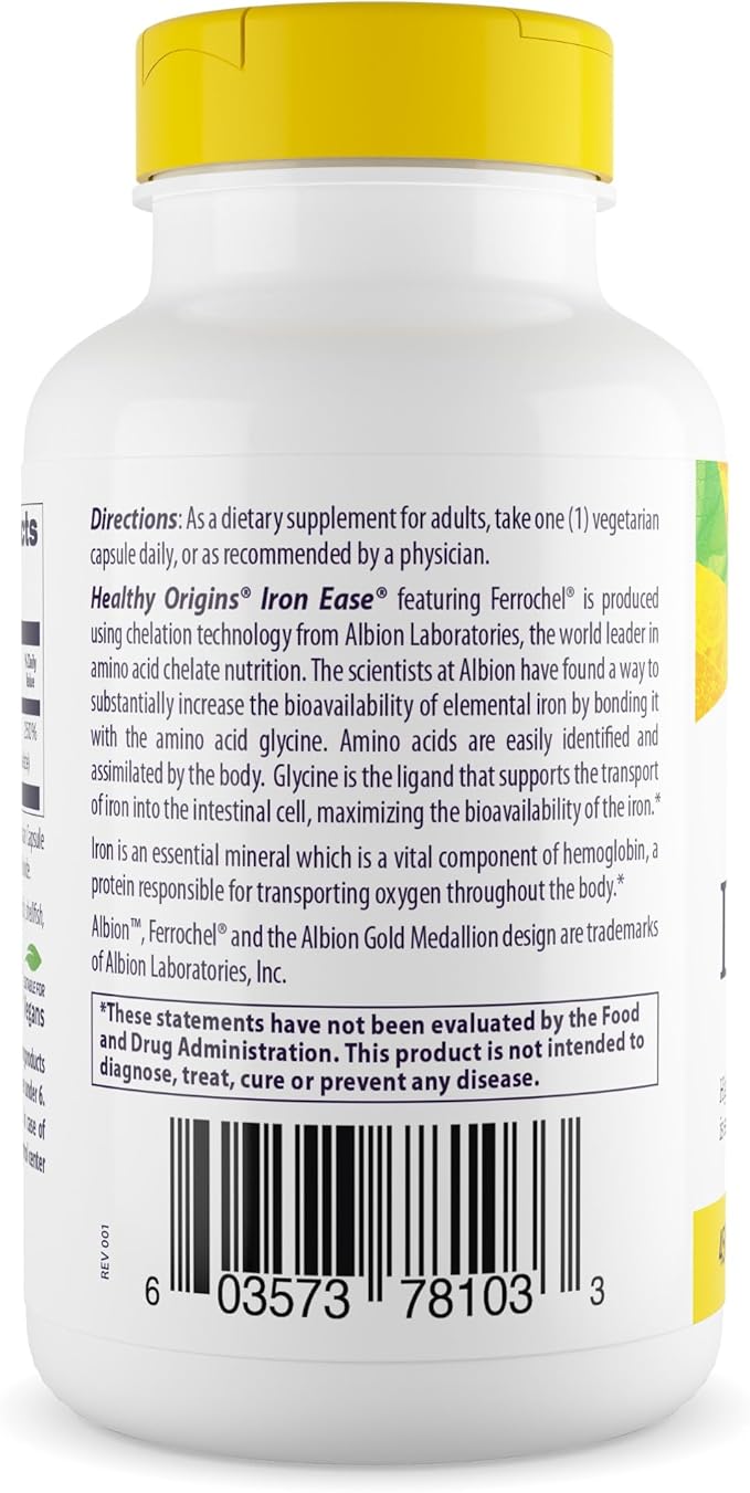 Healthy Origins Iron Ease 45 mg (Featuring Albion Ferrochel, Non-GMO, High Potency, Ferrous Bisglycinate Chelate), 180 Veggie Caps