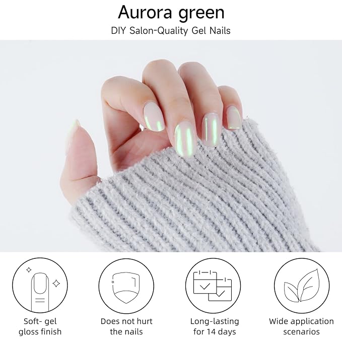 Semi Cured Gel Nail Strips, Aurora Green | 28 pcs Gel Nail Strips Work with Any UV Lamp, Salon Quality UV Nails Stickers, Easy to Apply for Home Nails DIY