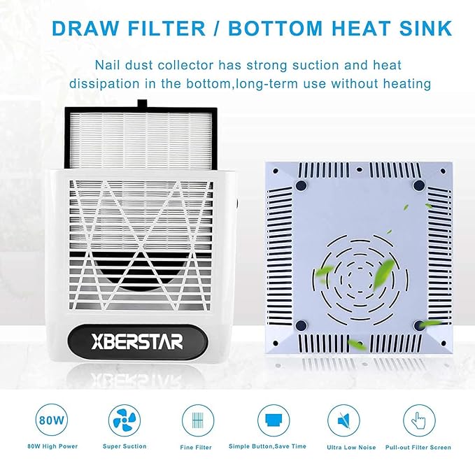 XBERSTAR Nail Dust Collector,80W Electric Powerful Vacuum Cleaner for Acrylic Gel Nails,Manicure recolector de polvo para uñas