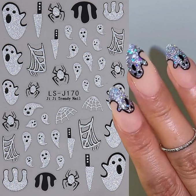 10 Sheets Halloween Nail Stickers for Nail Art Ghost Nail Art Sticker 3D Self-Adhesive Silver Gold Glitter Pumpkin Spider Web Spooky Spider Bat Nail Decals Stickers for Halloween Nails DIY